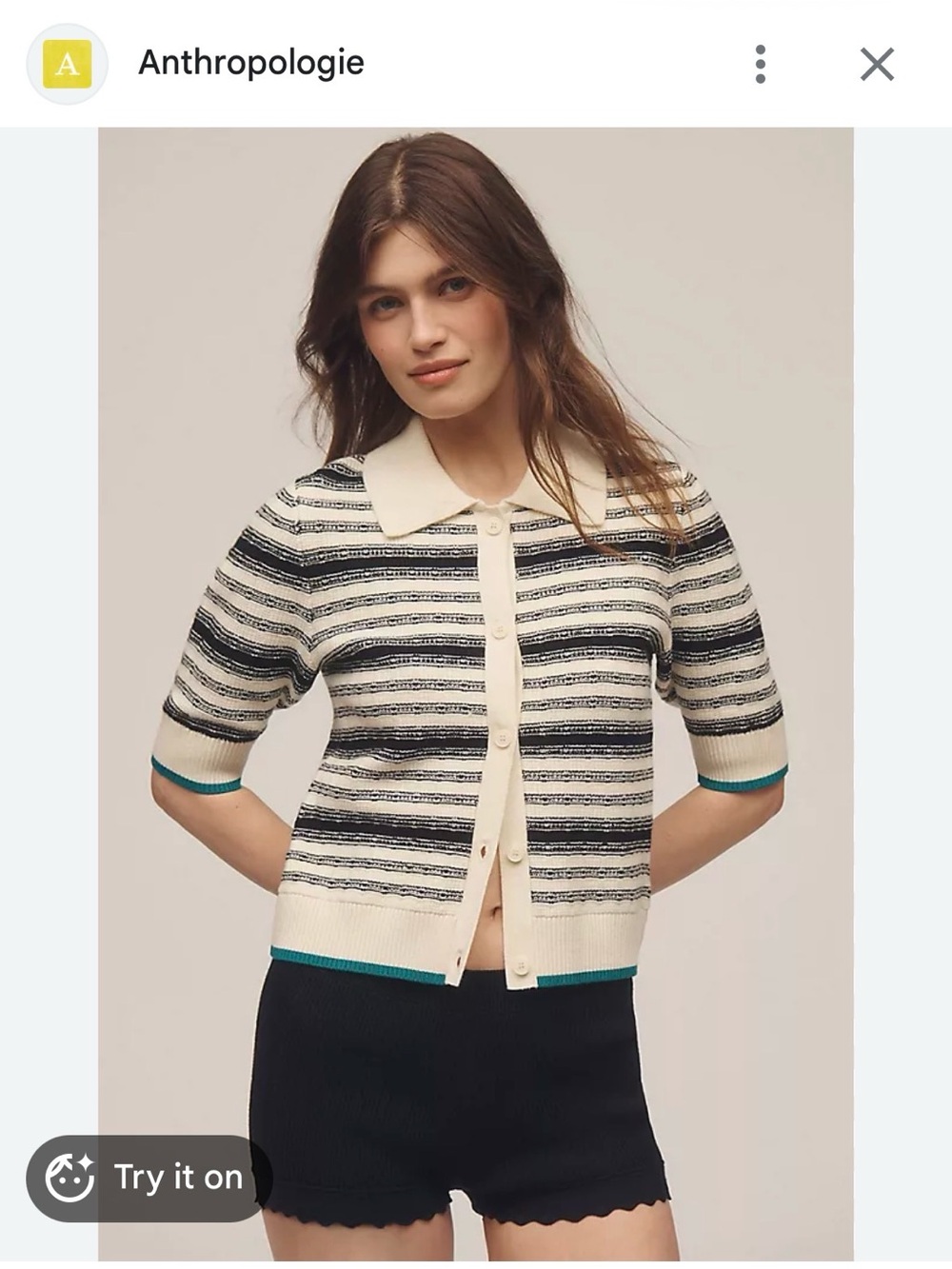 Anthy Maeve Striped Short-Sleeve Button Cardigan in Cream, Black & Teal Trim